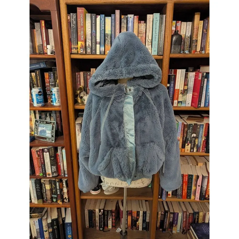 Free People Women's Love It Soft Hoodie Bomber Jacket Blue Grey Large Faux Fur